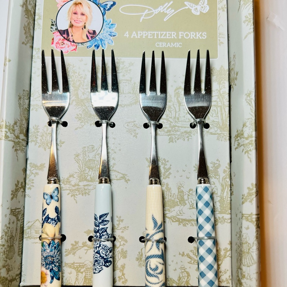 4 Dolly Parton Ceramic Handle Appetizer Forks Blue Flowers Gingham Butterfly - Picture 5 of 8